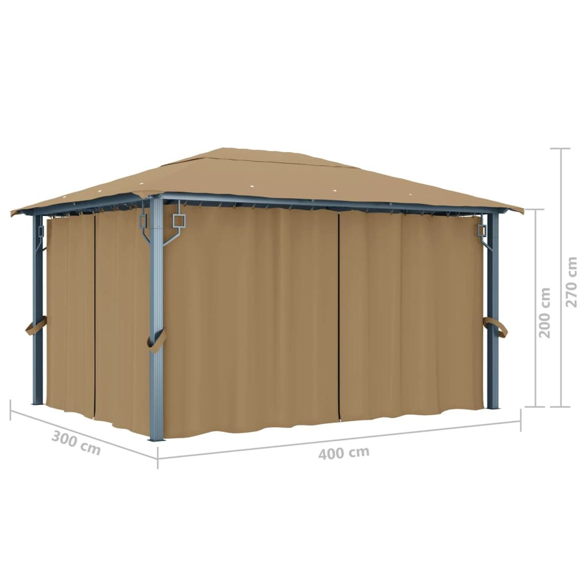 Beiger Pavillon mit Vorhängen, Maße sichtbar.