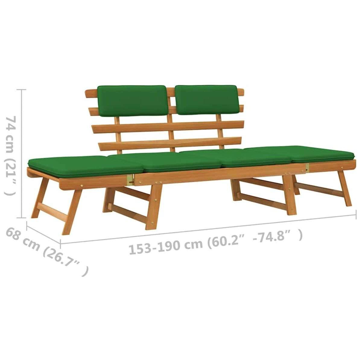 Holzbank mit grünen Kissen. Abmessungen sind angegeben.
