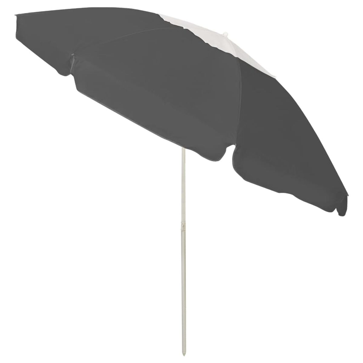 Zweifarbiger Sonnenschirm, schwarz und weiß, mit weißem Mast, vor weißem Hintergrund.