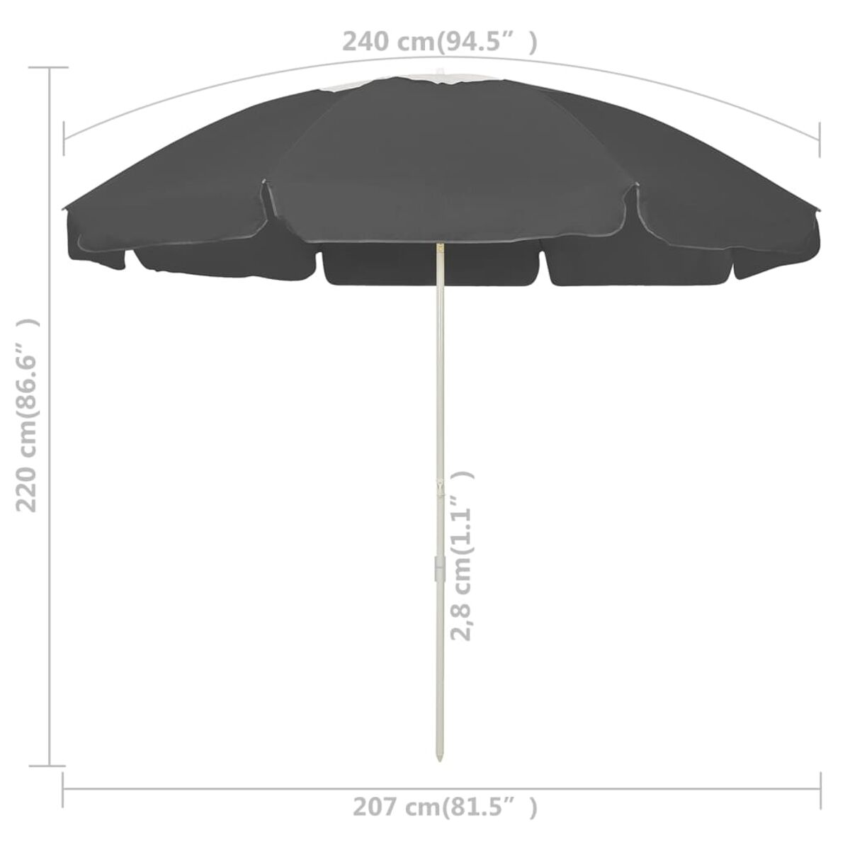 Ein grauer runder Terrassenschirm mit Maßen und einem weißen Mast, vor weißem Hintergrund.