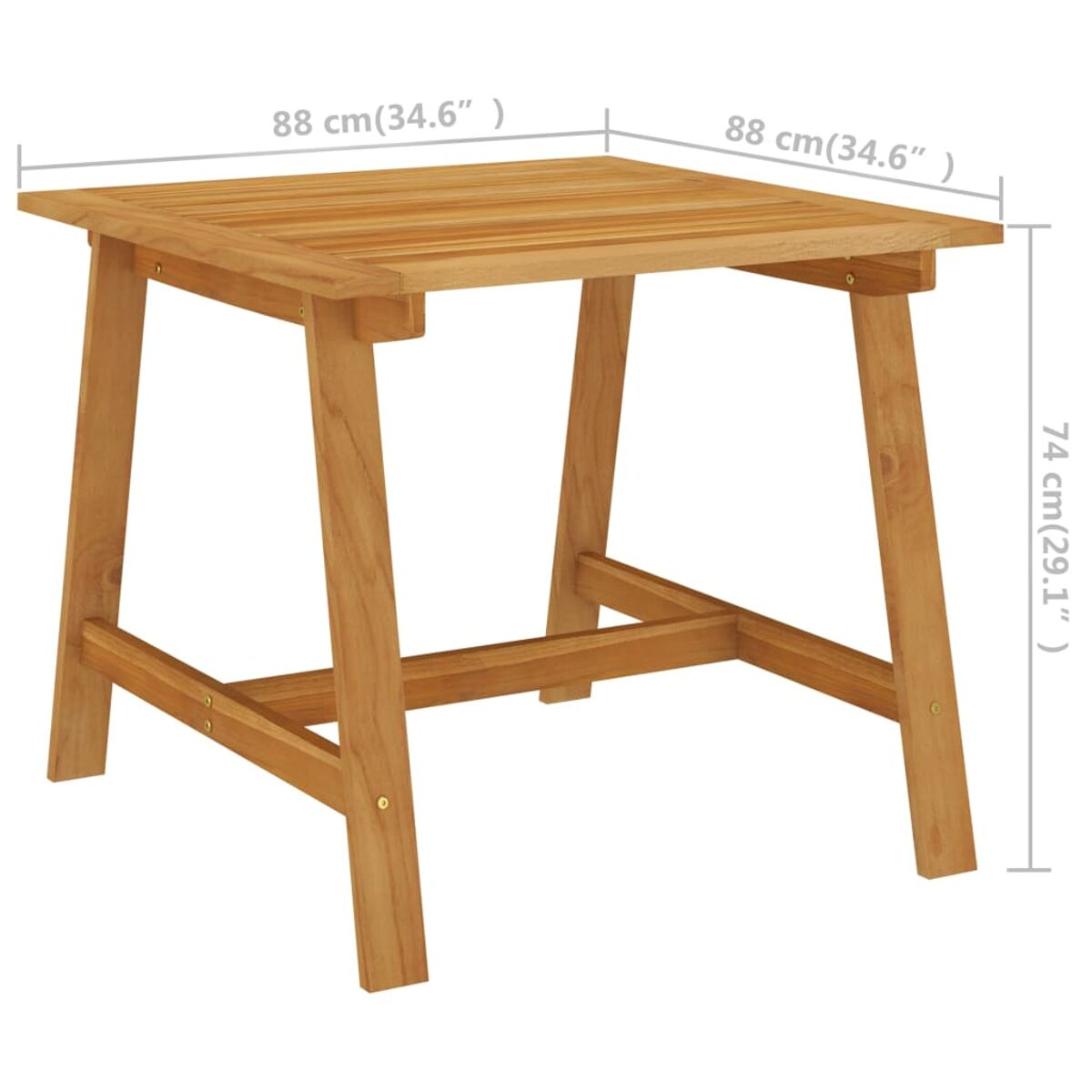 Quadratischer Holztisch mit angegebenen Abmessungen. Der Tisch hat ein schlichtes, stabiles Design.