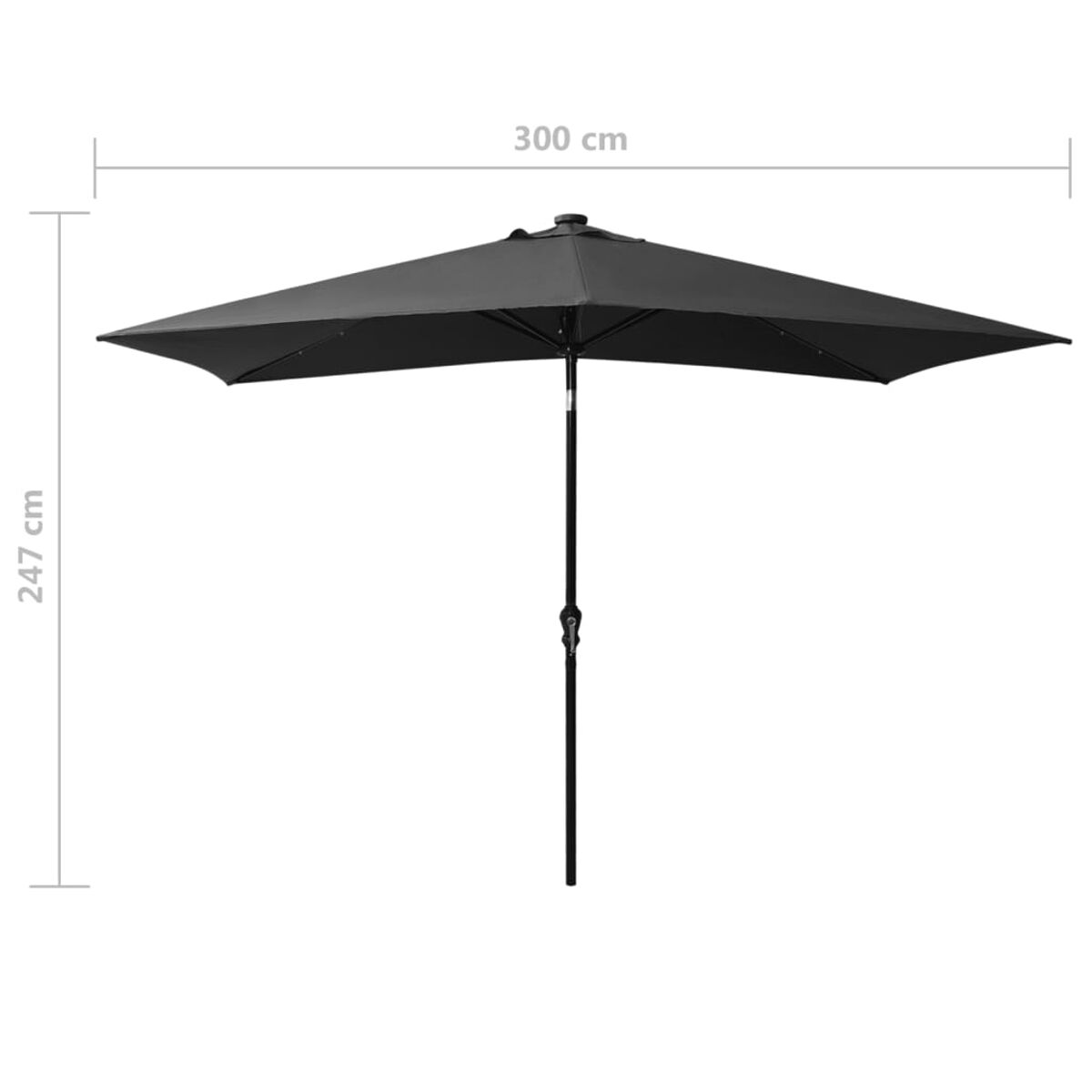 Schwarzer rechteckiger Sonnenschirm mit Maßangaben: 300 cm breit, 247 cm hoch.