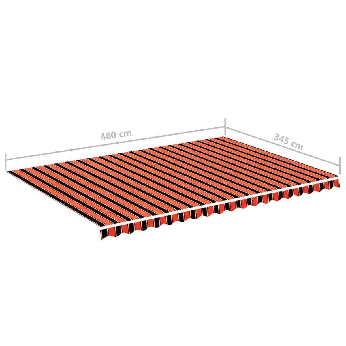 Orange und schwarz gestreifte Markise. Abmessungen sind 480cm x 345cm. Weißer Hintergrund.