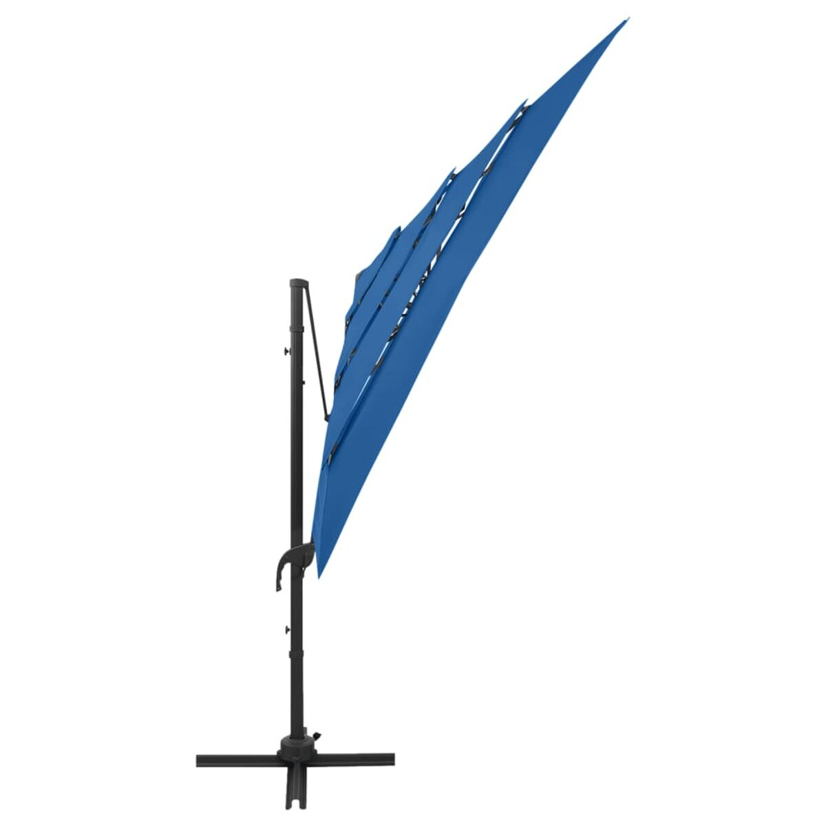Blauer abgewinkelter Schirm auf schwarzem Mast und Sockel, weißer Hintergrund.