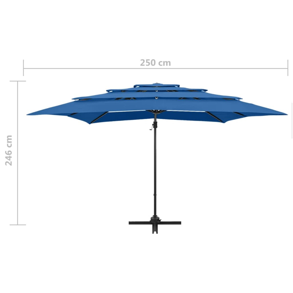 Ein großer, blauer, mehrstufiger Sonnenschirm. Maße: 250 cm breit und 246 cm hoch.