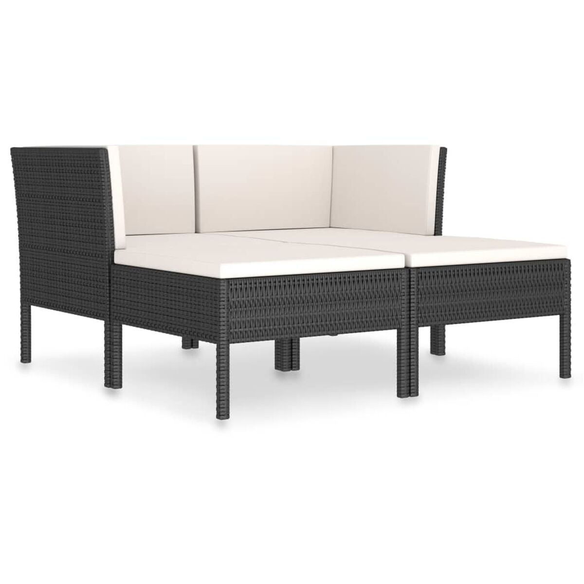 Ein schwarzes Outdoor-Ecksofa mit weißen Kissen. Das Set hat ein modernes Design.