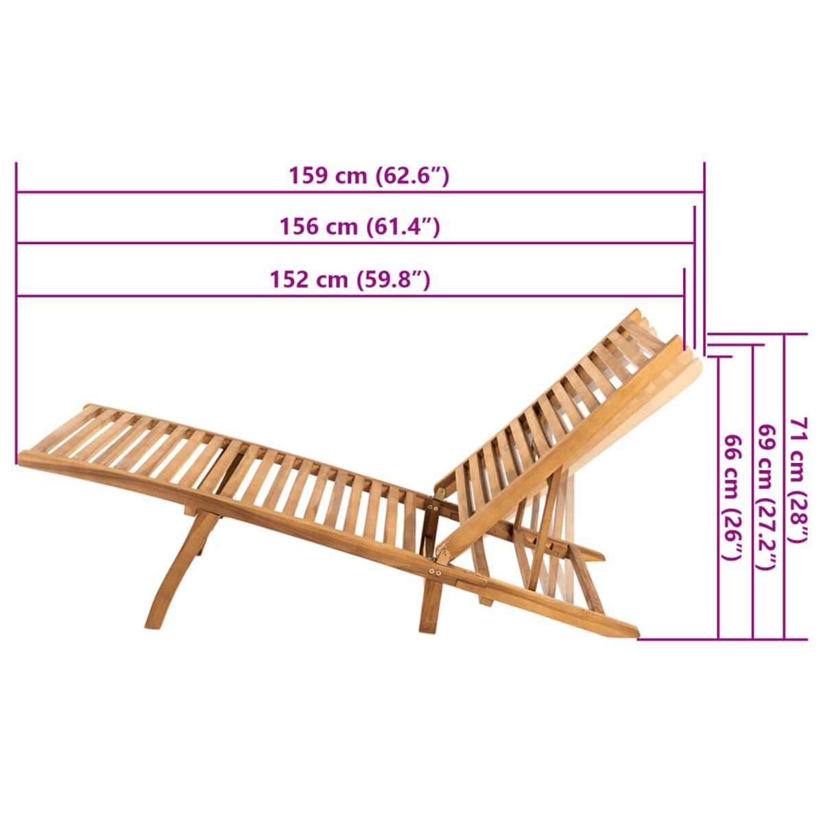 Liegestuhl aus Holz mit Maßangaben. Abgewinkelte Rückenlehne, Maße in cm/Zoll.