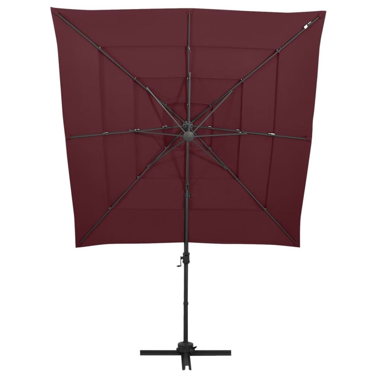 Quadratischer bordeauxfarbener Regenschirm, geöffnet, mit weißem Hintergrund. Modernes Design, Sonnenschutz, Draufsicht.