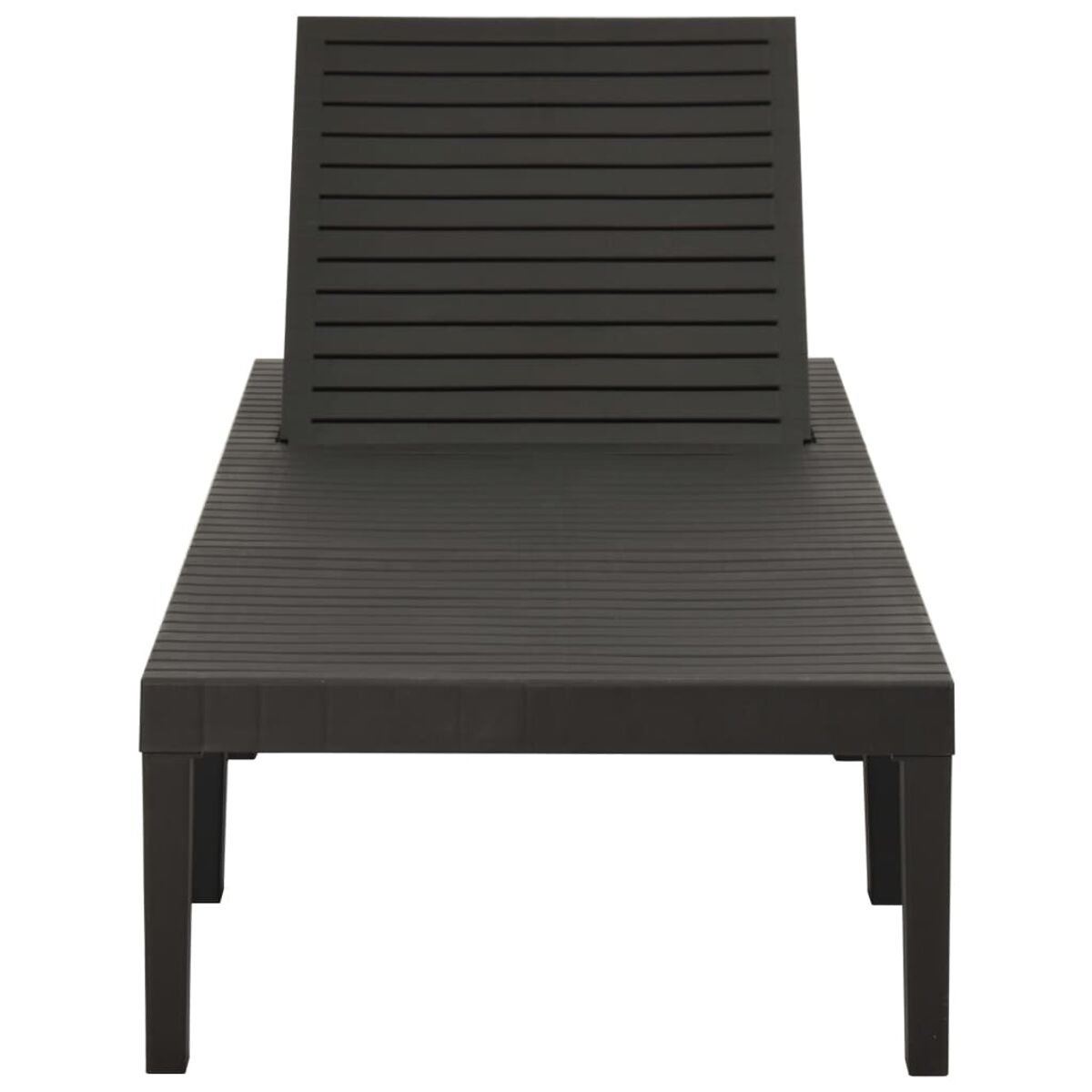 Dunkelgrauer Outdoor-Liegestuhl mit Lattenrost-Design. Der Stuhl hat eine verstellbare Rückenlehne.