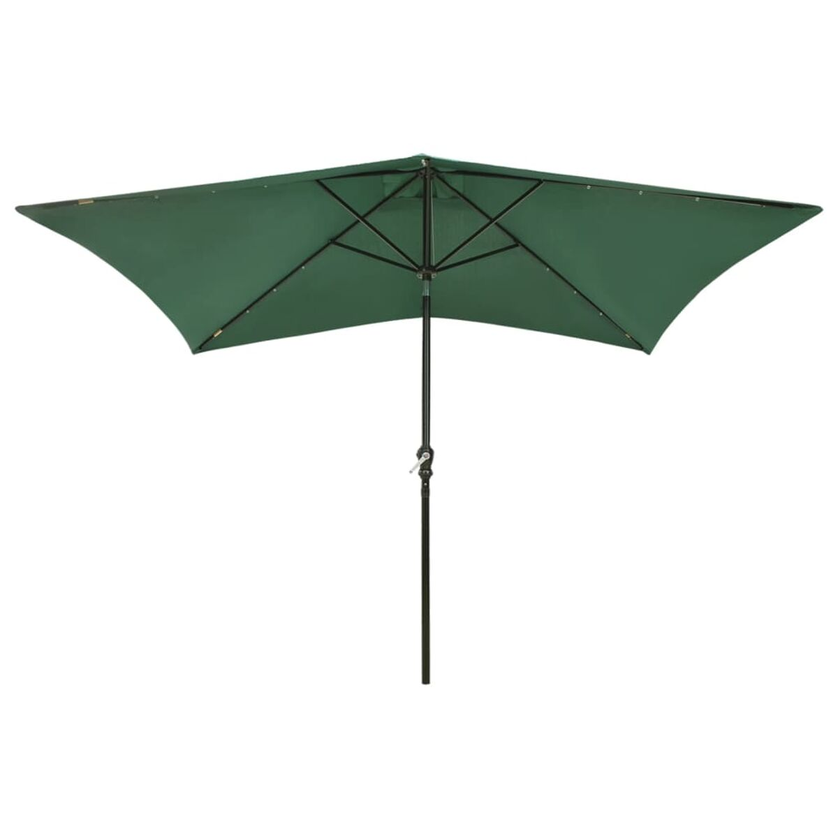 Grüner offener Regenschirm. Schwarzer Rahmen und Pfosten. Weißer Hintergrund.