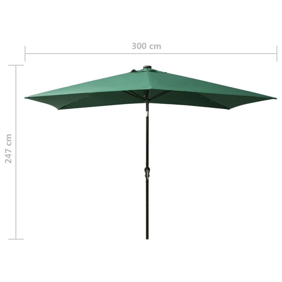 Grüner Sonnenschirm, vollständig geöffnet. Abmessungen angegeben, 300 cm breit, 247 cm hoch. Schwarze Stange.