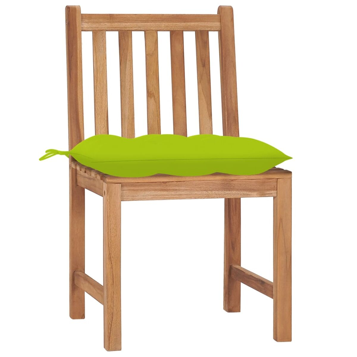 Holzstuhl mit einem grünen, erbsenförmigen Kissen. Der Stuhl ist aus Holz gefertigt.