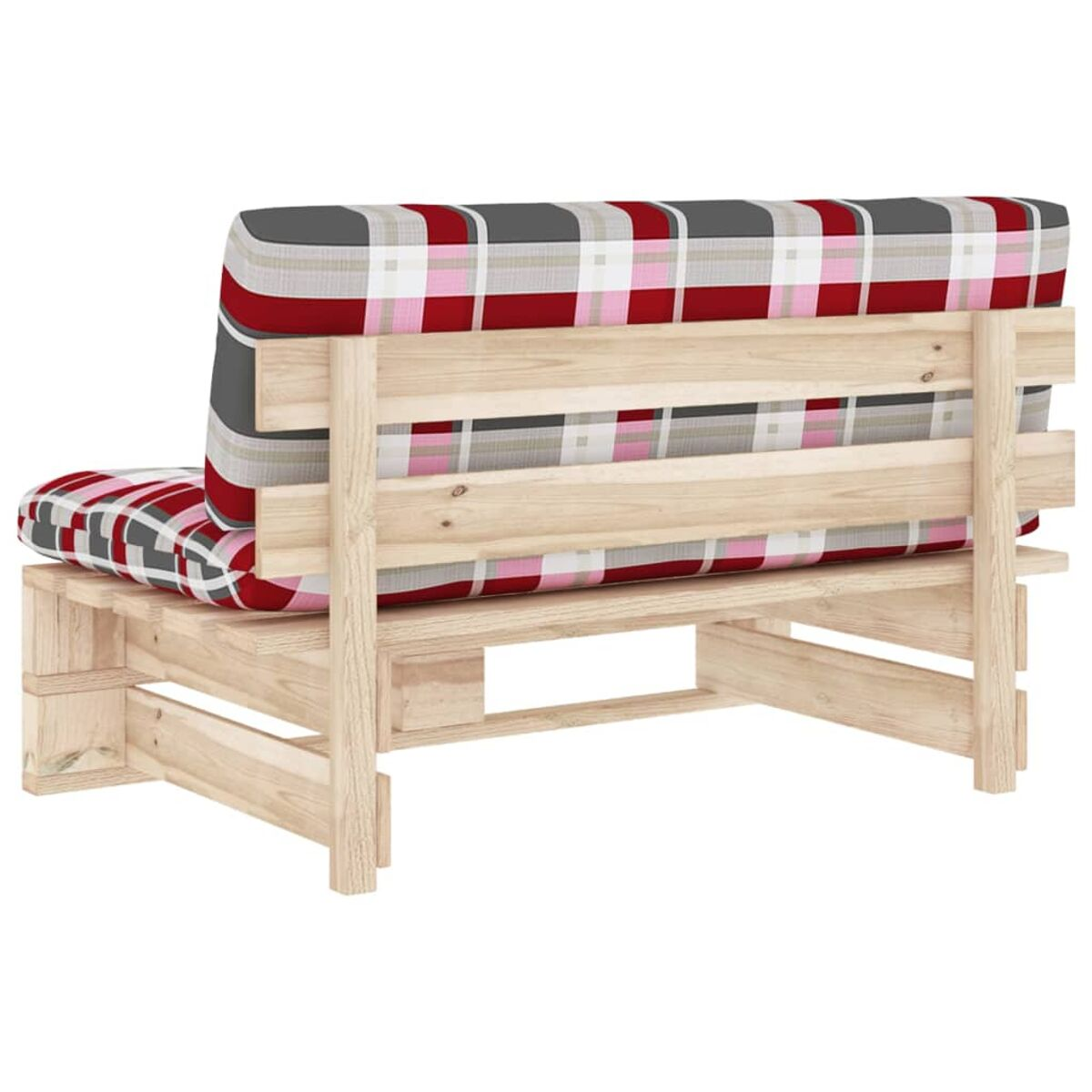 Eine Holzbank mit einem rot-grauen Karokissen. Die Bank hat einen Holzrahmen.