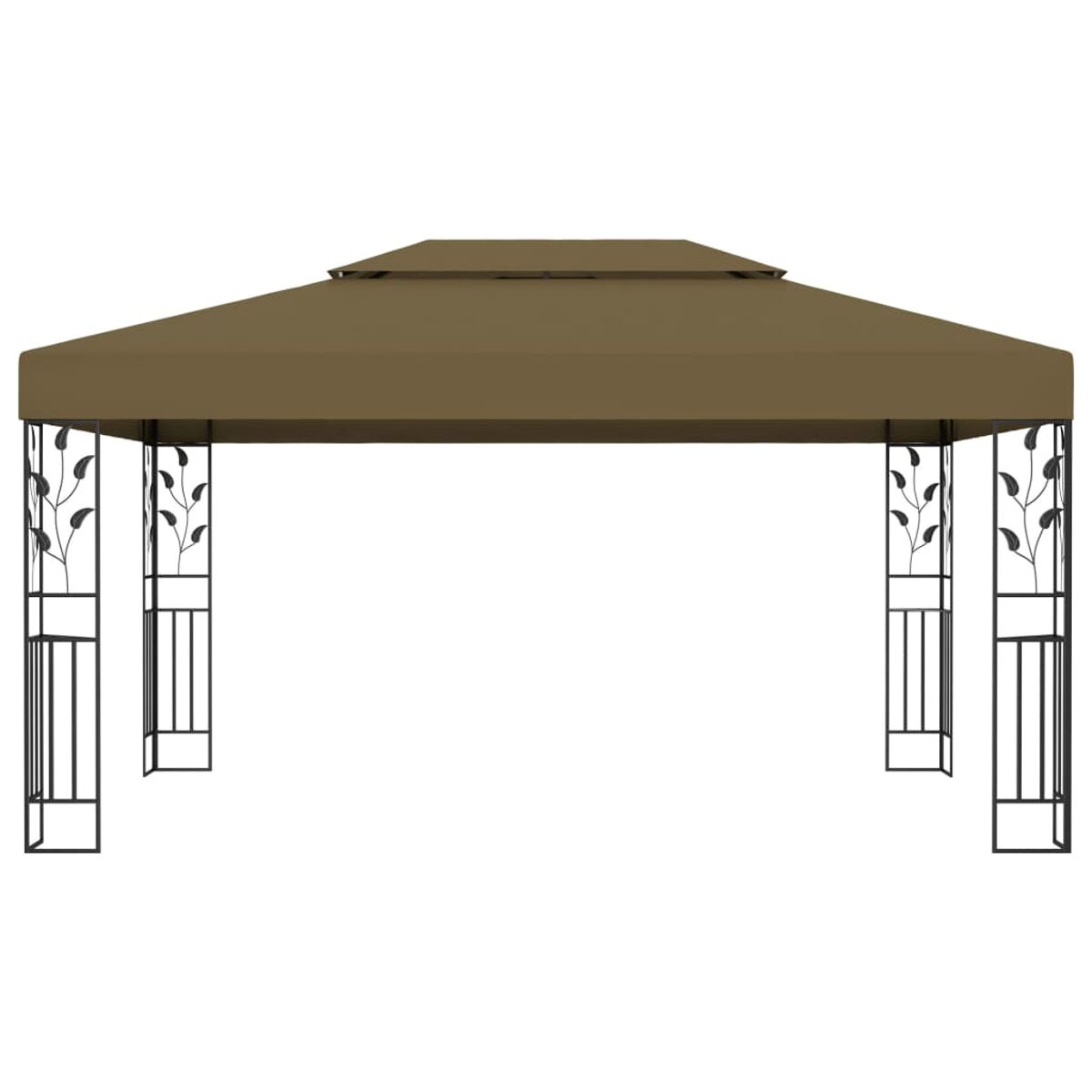 Ein brauner Pavillon mit schwarzen dekorativen Stützen und einem Doppeldach.