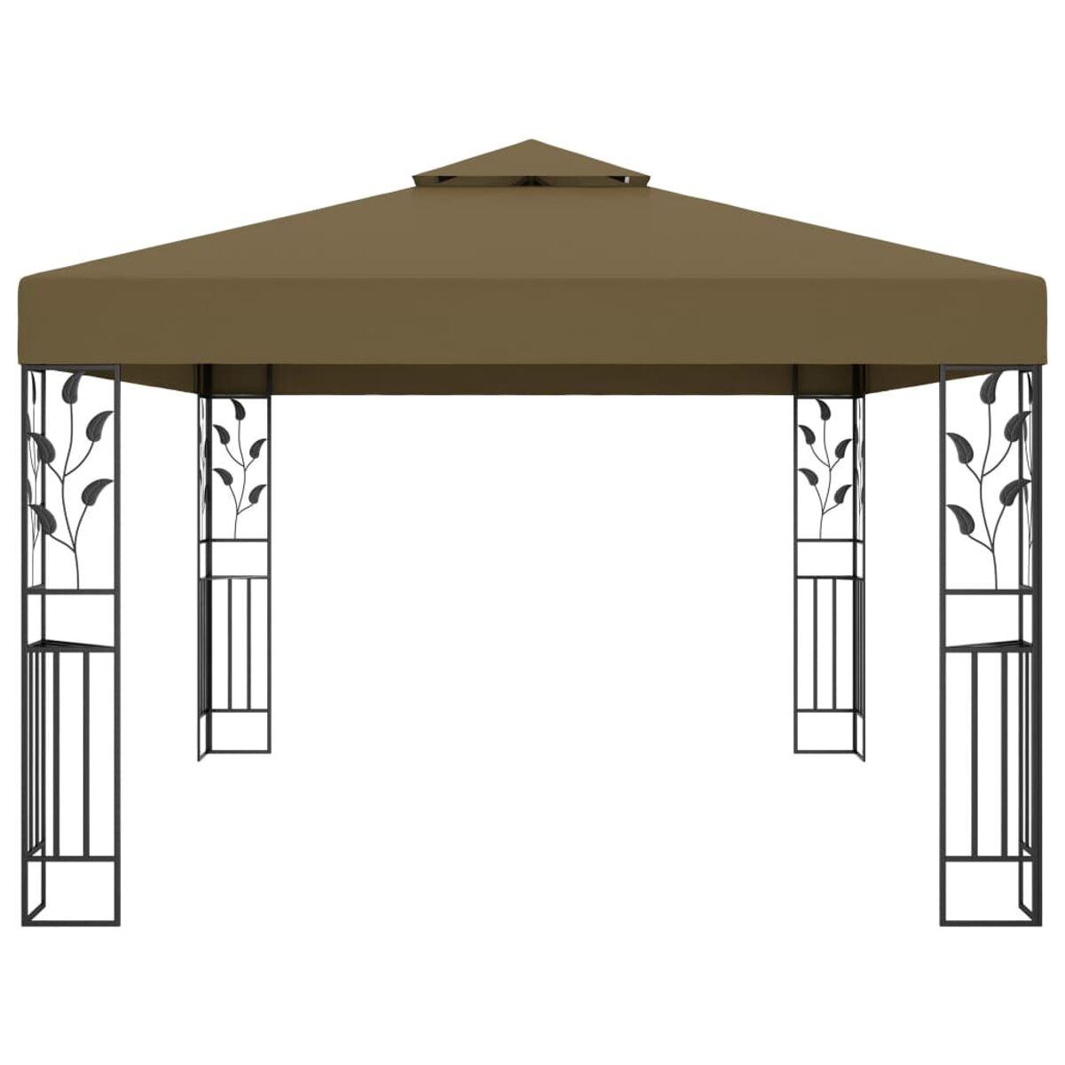 Gartenpavillon mit braunem Baldachin, schwarzem Rahmen. Verziertes Blattdesign an den Pfosten.