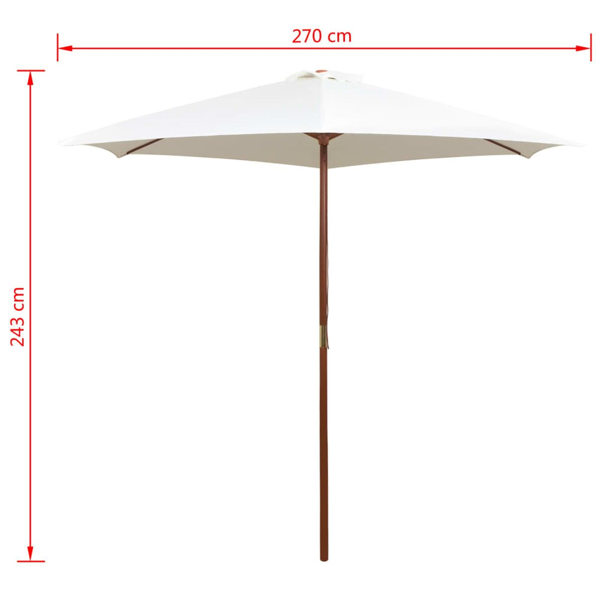 Weißer Sonnenschirm mit braunem Mast, geöffnet. Maße: 270 cm breit, 243 cm hoch.