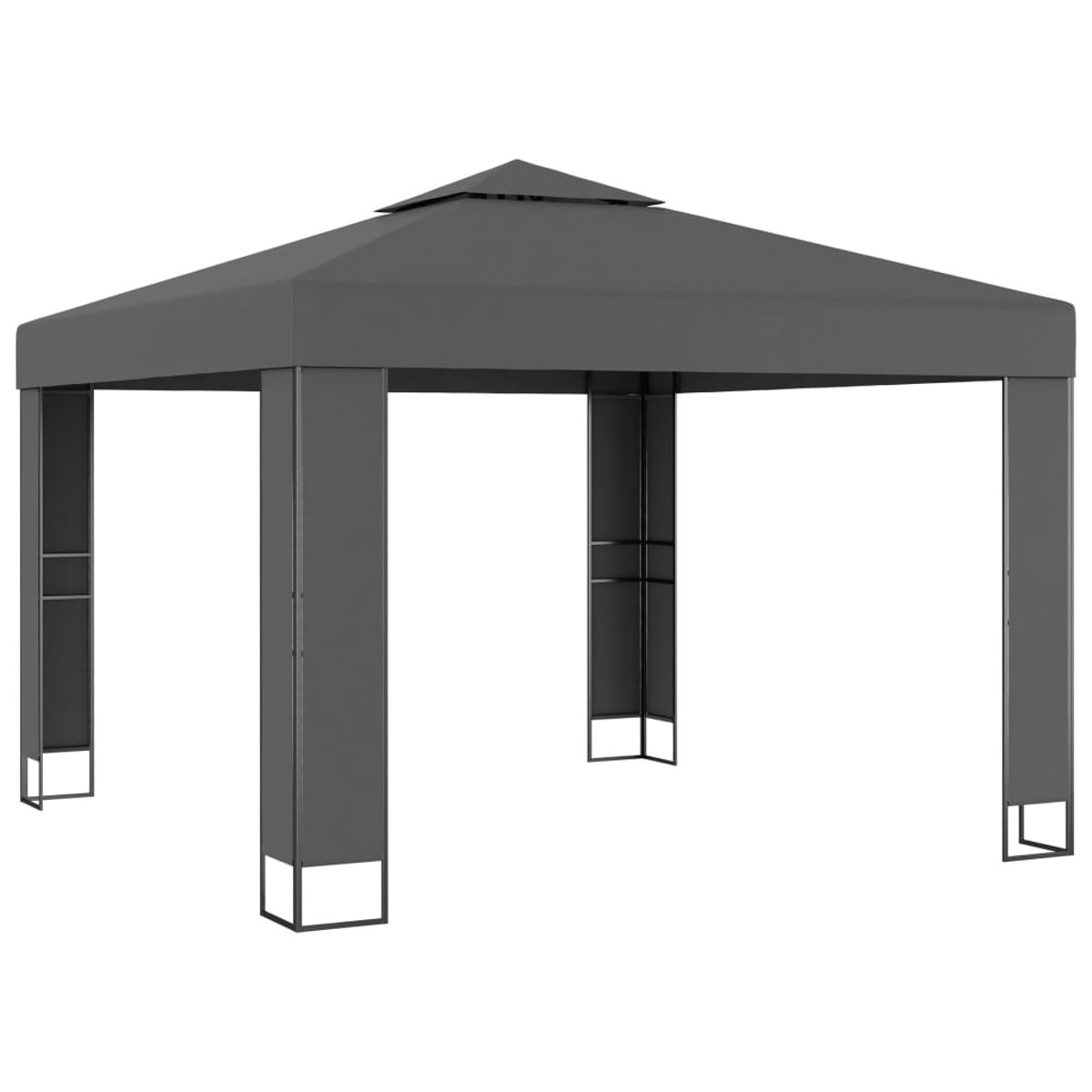 Grauer quadratischer Pavillon mit zeltartigem Dach. Schlichtes, modernes Design.