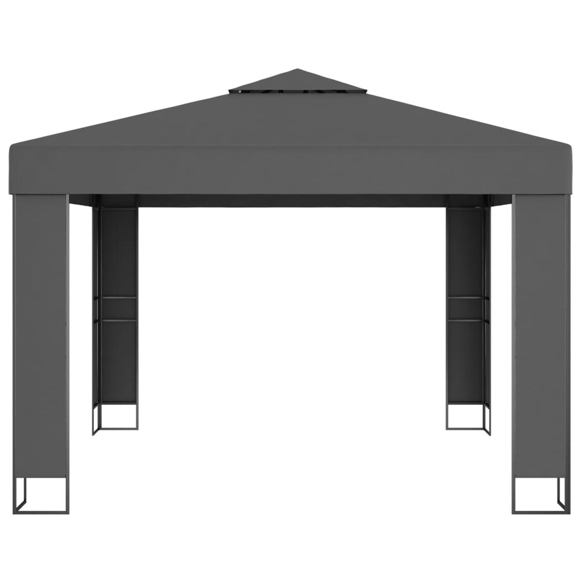 Grauer Pavillon mit spitzem Dach und vier Stützpfosten, vor weißem Hintergrund.