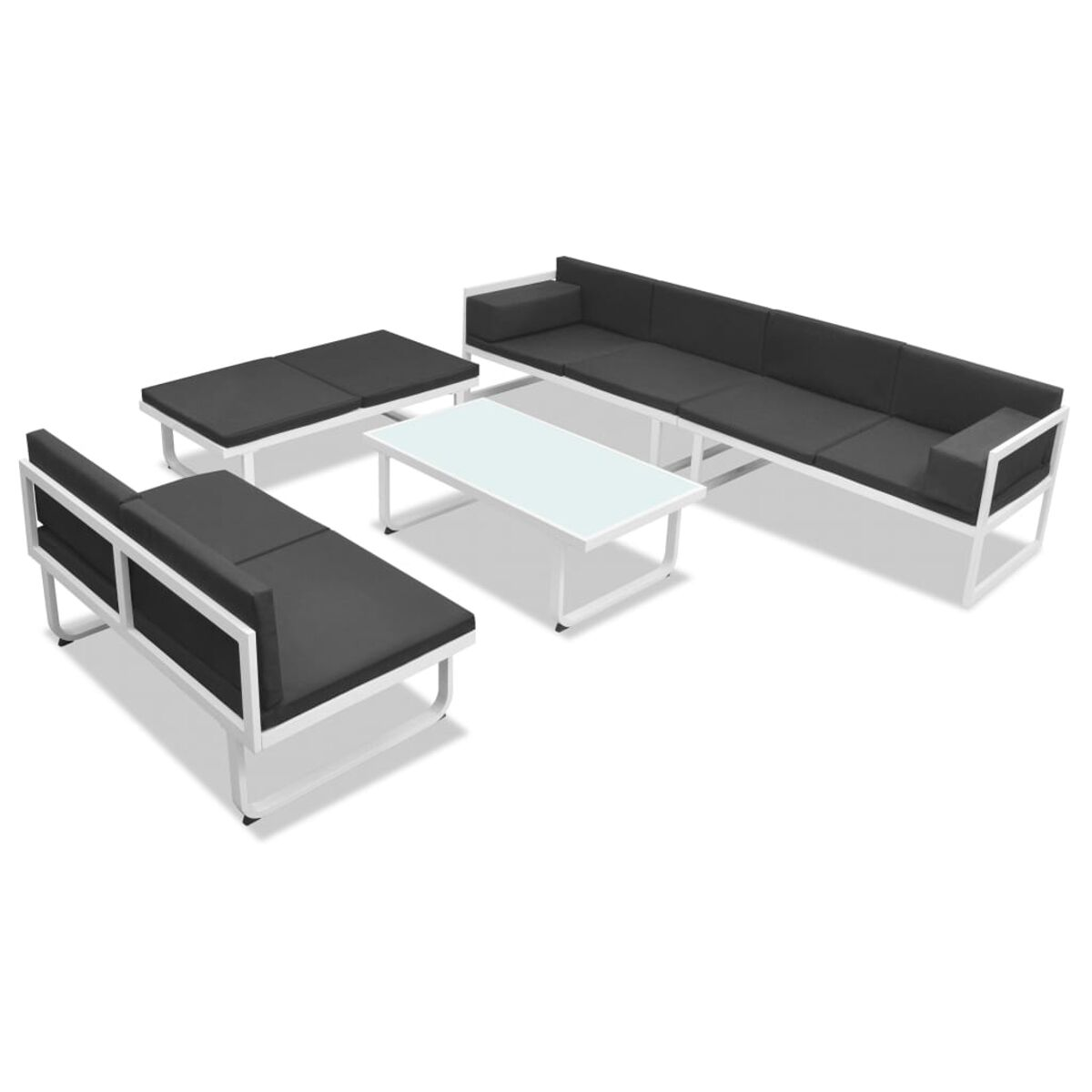 Gartenmöbel-Set, weiße Rahmen, schwarze Kissen, inklusive Tisch und Sofa.