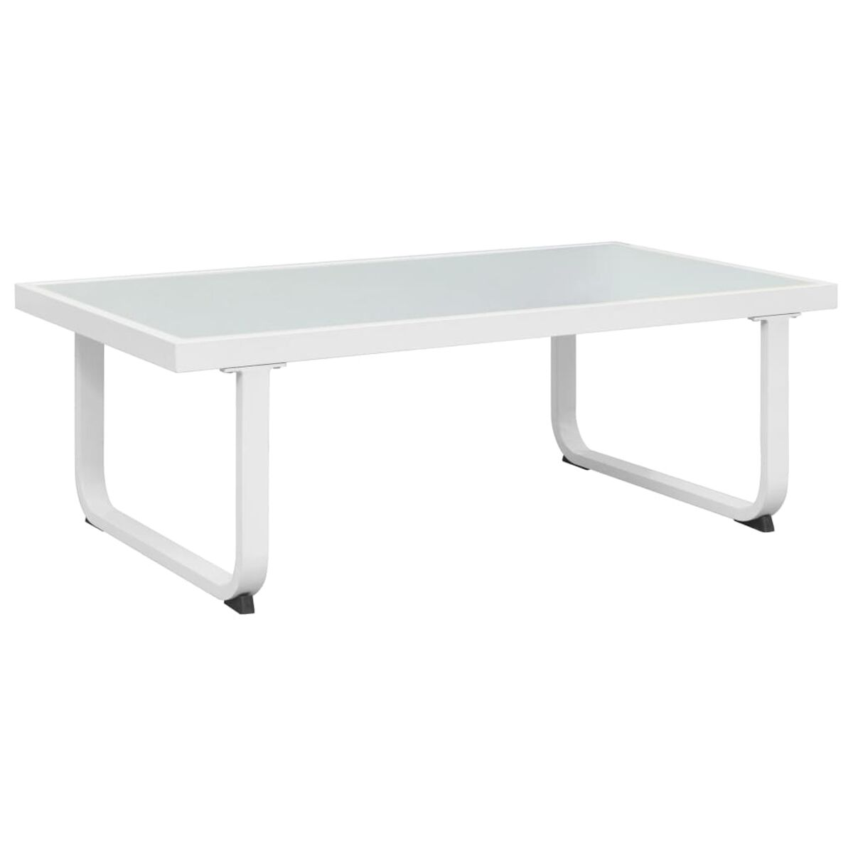 Weißer rechteckiger Couchtisch mit Glasplatte. Weißer Hintergrund.