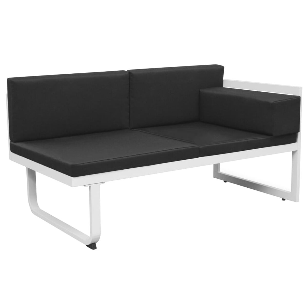 Ein weiß gerahmtes Outdoor-Ecksofa mit schwarzen Kissen, vor weißem Hintergrund.