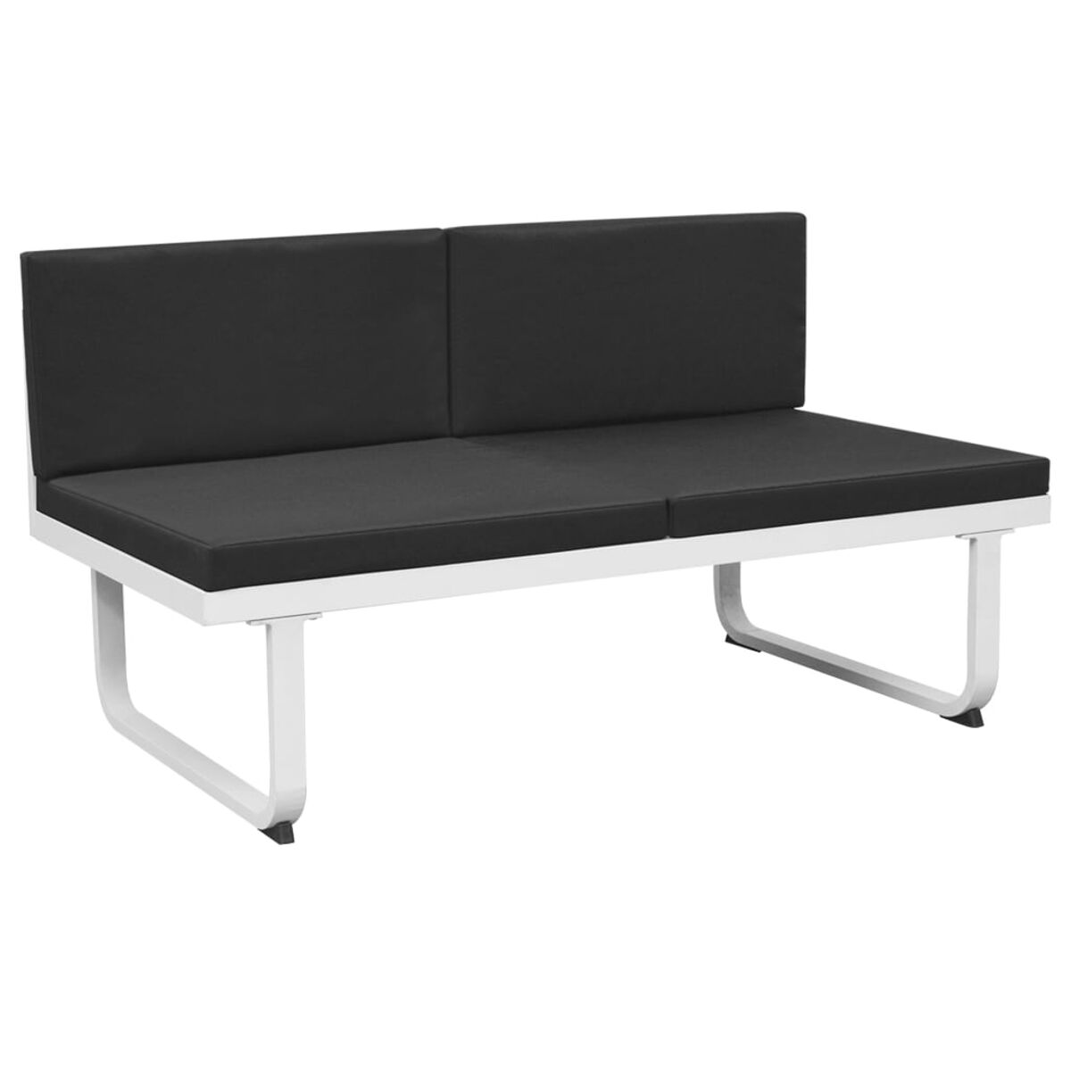 Weiß gerahmte Outdoor-Bank mit zwei schwarzen Kissen. Schlichtes Design, klare Linien.