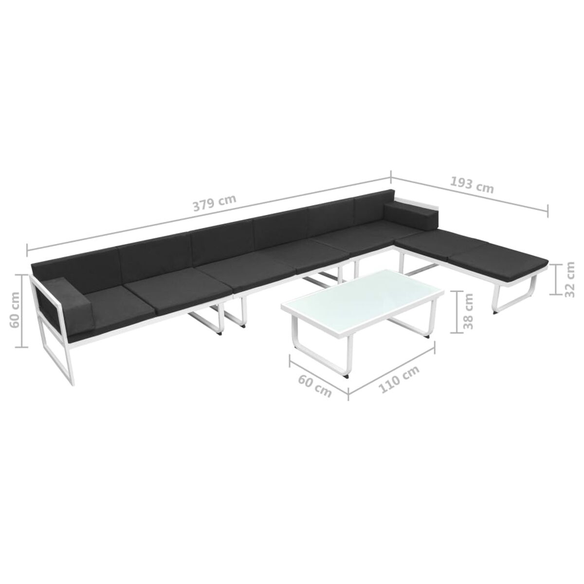 Outdoor-Ecksofa mit Maßangaben. Enthält einen weißen Couchtisch.