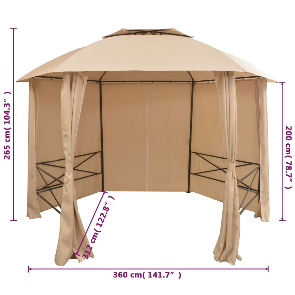 Beiger Outdoor-Pavillon mit Maßen in cm. Weißer Hintergrund.