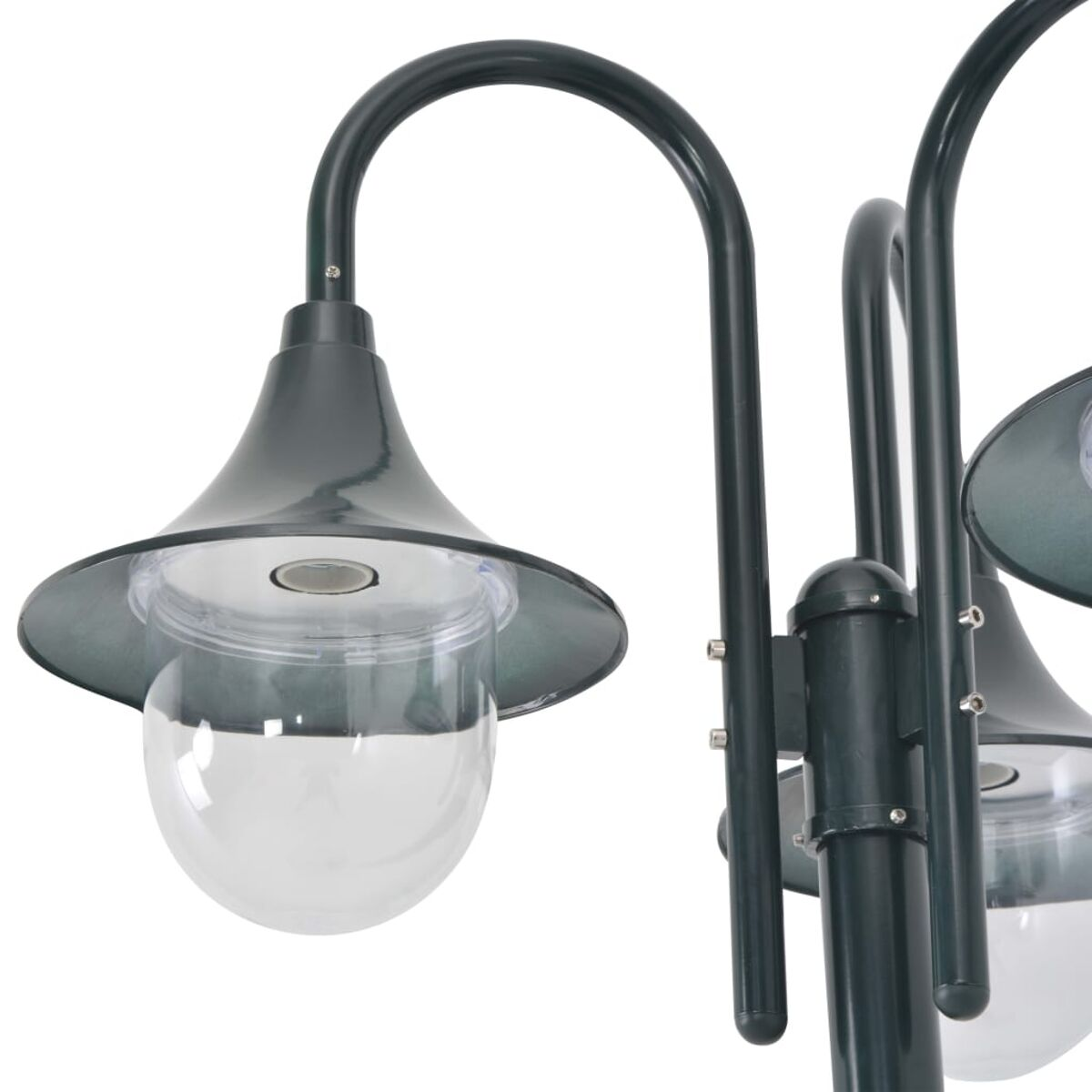 Außenlampe mit klarer Kugel und dunkelgrünem Rahmen vor weißem Hintergrund.