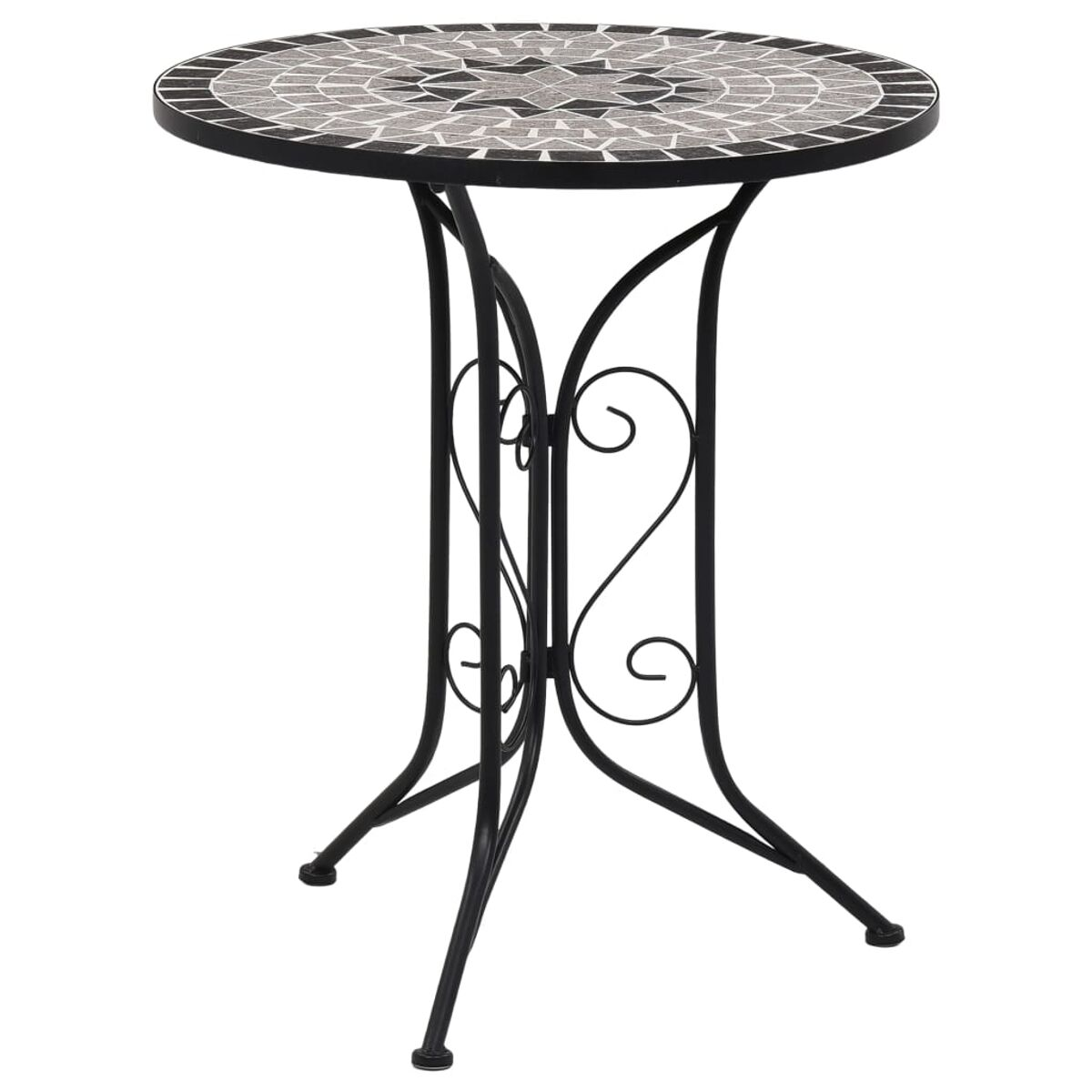 Runder Gartentisch mit Mosaikplatte und schwarzen Metallbeinen.