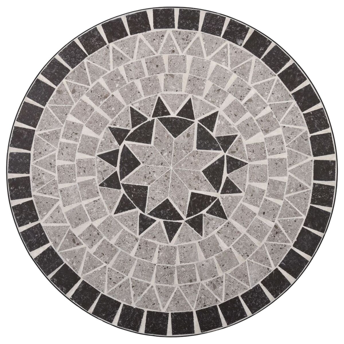 Eine runde Mosaiktischplatte mit Sternmuster in Schwarz-, Grau- und Weißtönen.