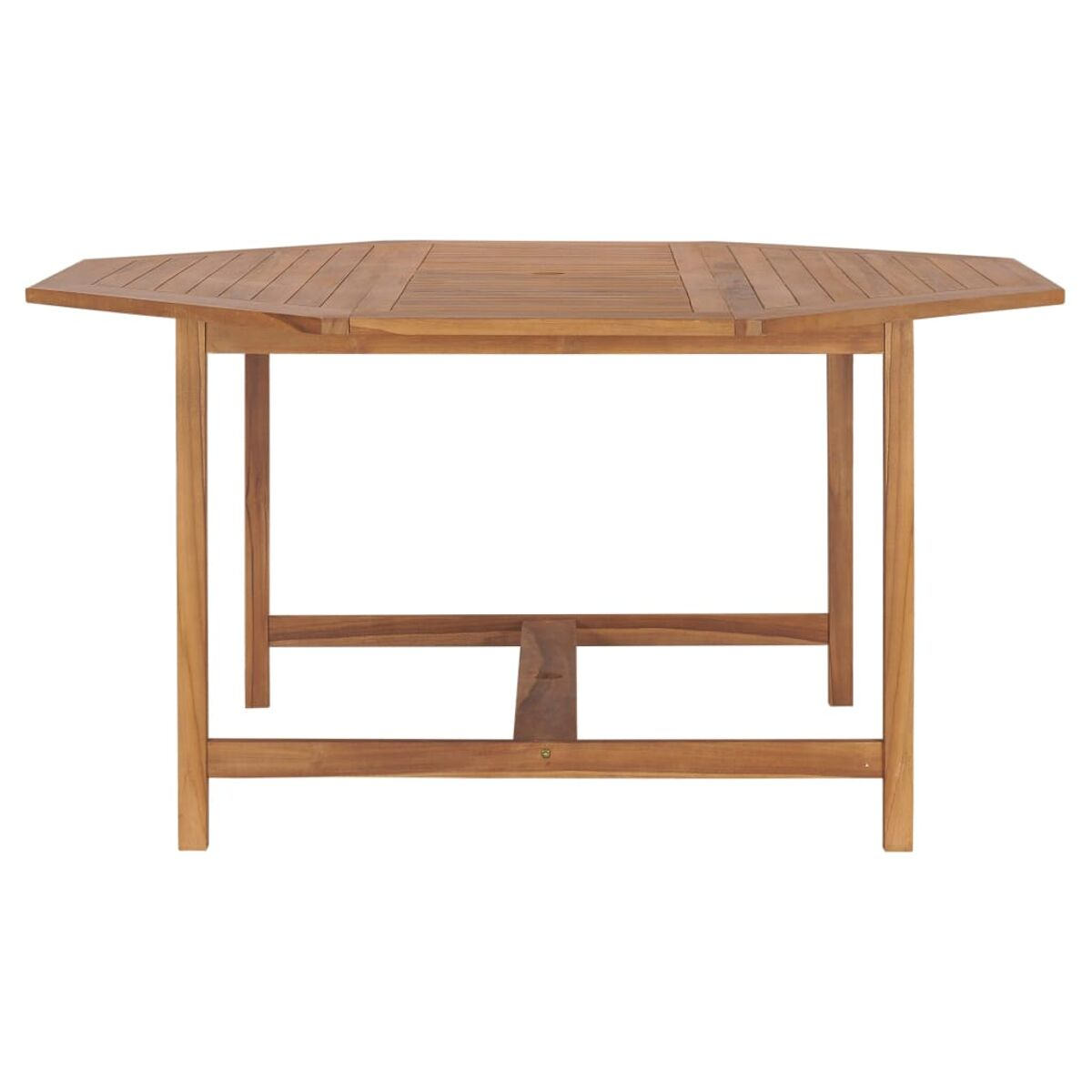 Ein Holztisch mit achteckiger Platte und vier Beinen.