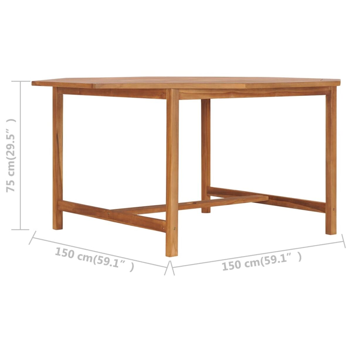 Ein Holztisch mit vier Beinen. Die Abmessungen sind beschriftet.