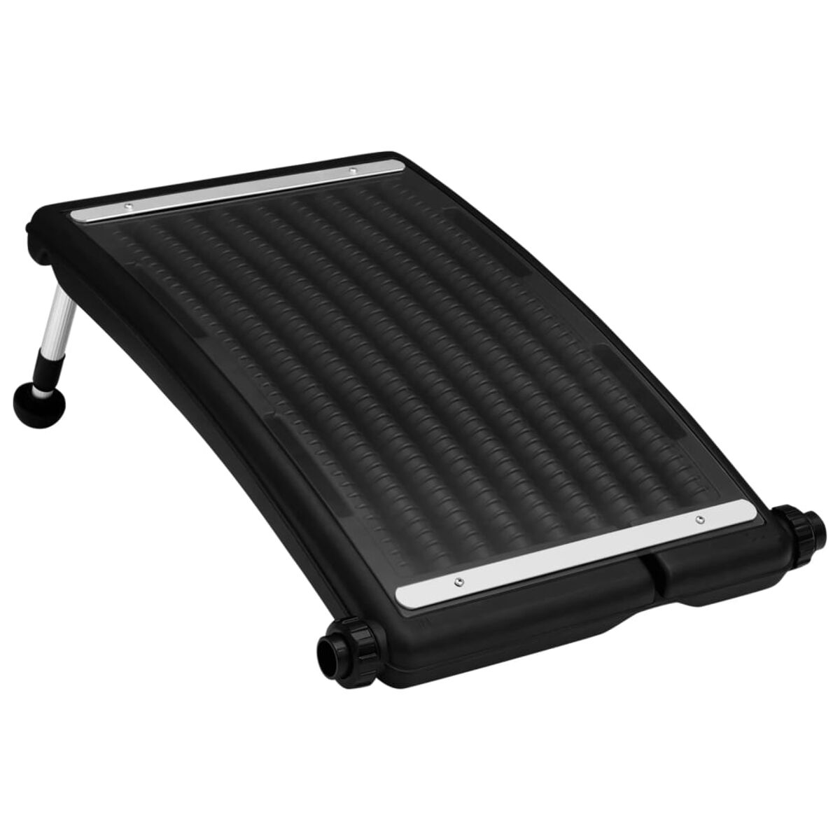 Schwarzer Solar-Poolheizer mit silberfarbenen Akzenten. Hat verstellbare Beine.