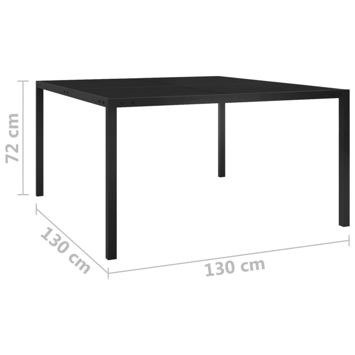 Schwarzer quadratischer Tisch mit Maßangaben. Der Tisch hat 4 Beine.