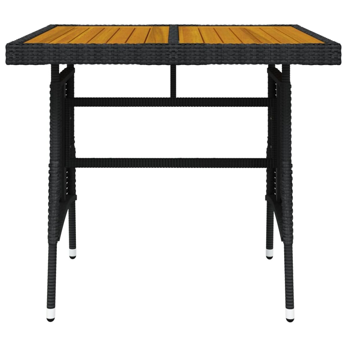 Schwarz-weißer Tisch. Schwarze Korbränder und eine Holzplatte.