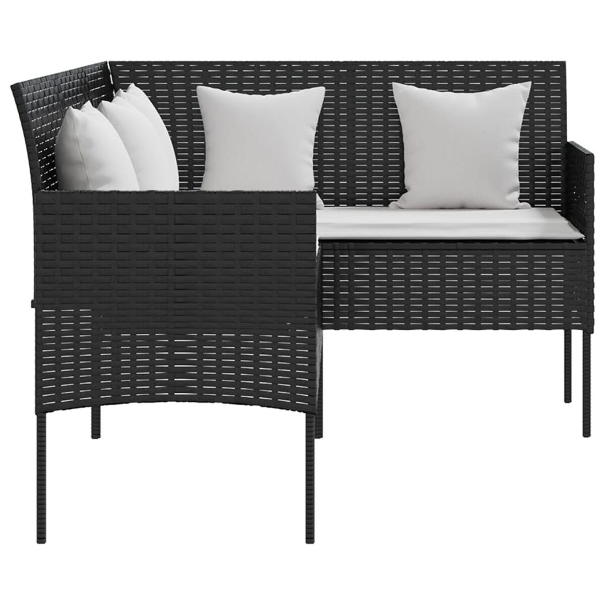 Schwarzes Ecksofa aus Korbgeflecht mit weißen Kissen auf weißem Grund.