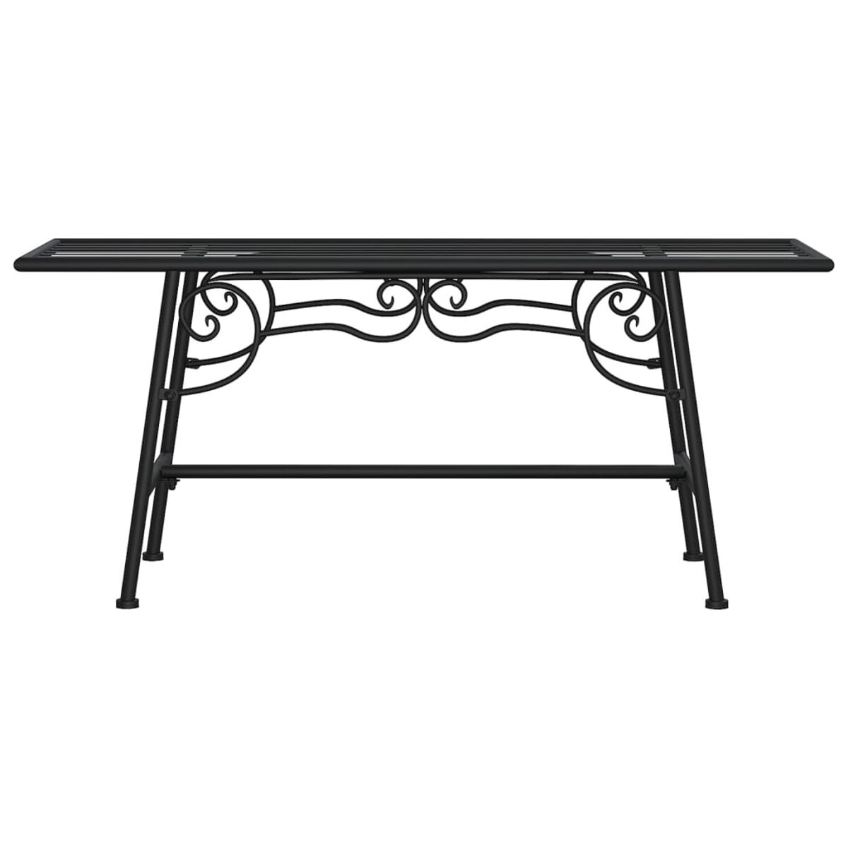 Ein schwarzer Metall-Outdoortisch mit dekorativem Design am Rahmen.