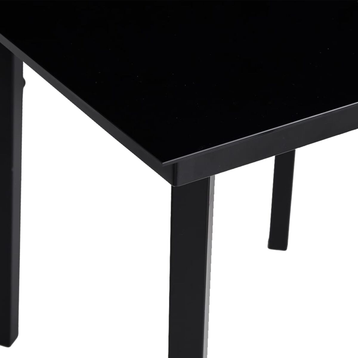 Schwarze, glänzende Tischecke mit Beinen, Studioaufnahme auf weißem Hintergrund.