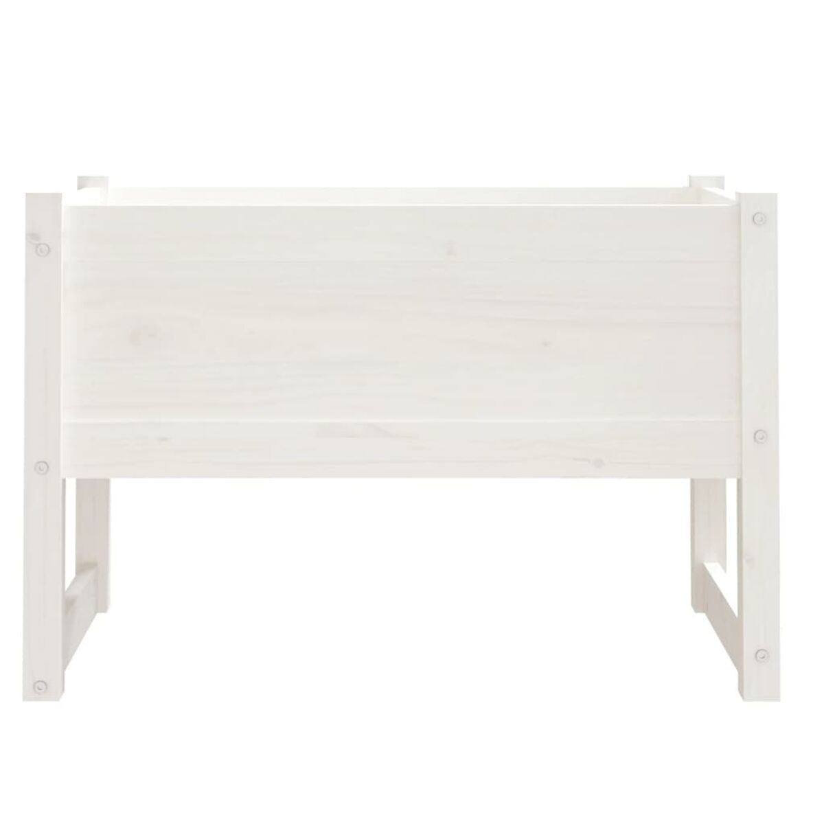 Ein weißer Pflanzkasten aus Holz mit einfachem Design, vor weißem Hintergrund gesehen.