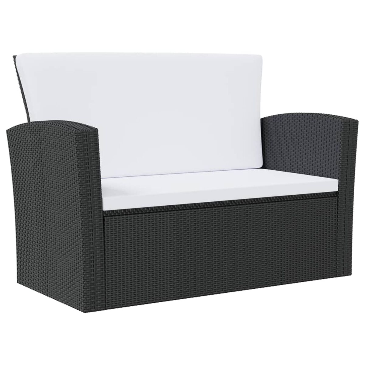 Schwarzes Rattan-Outdoor-Sofa mit weißen Kissen. Zweisitzer-Sofa.