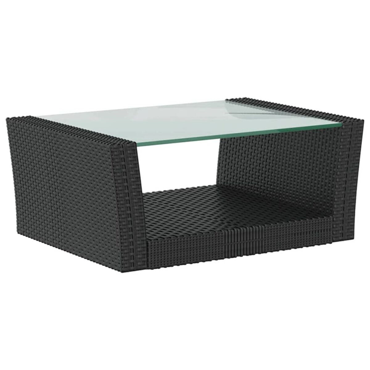 Schwarzer Korbtisch mit transparenter Glasplatte. Rechteckige Form.