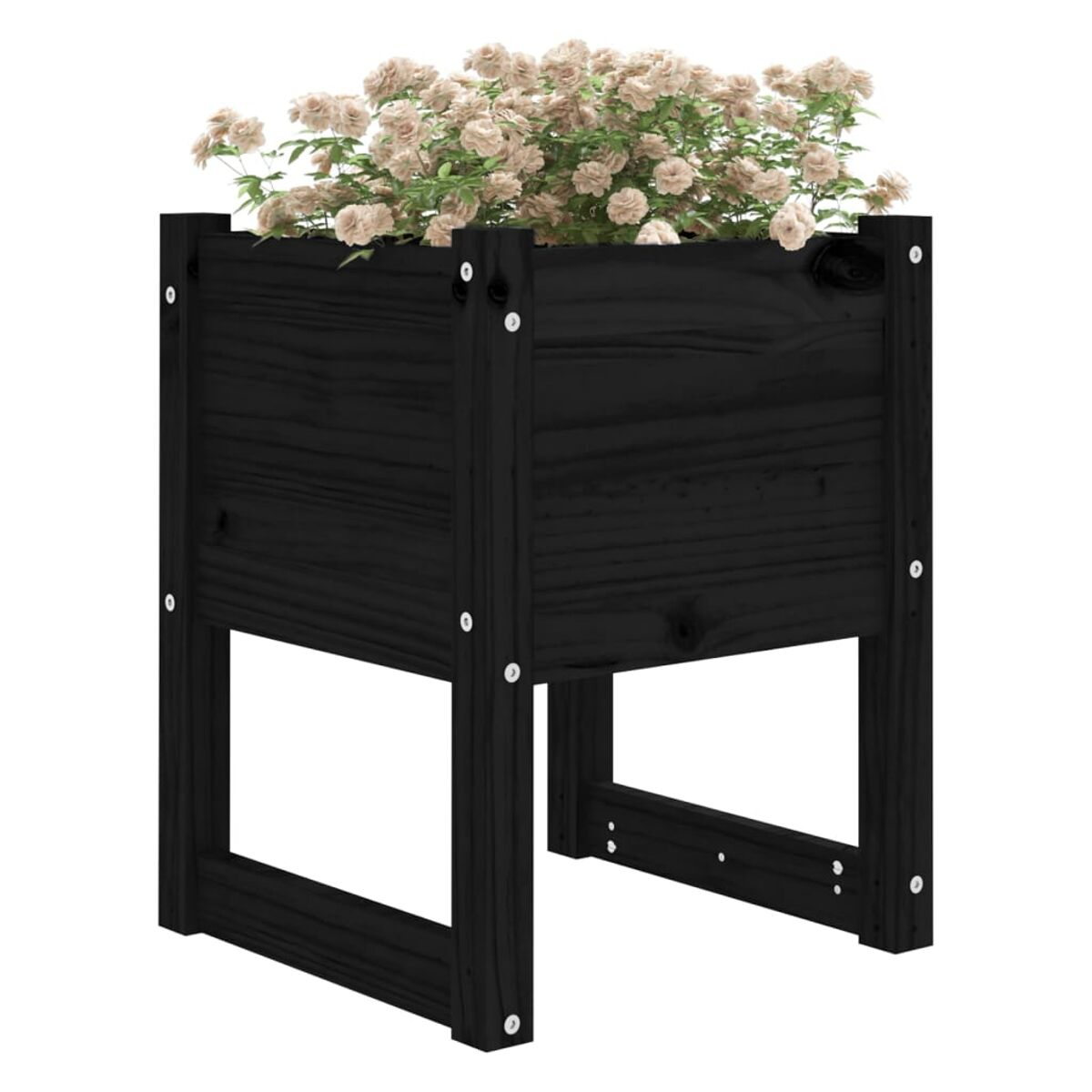 Ein schwarzer Pflanzkasten aus Holz mit Blumen darin, gezeigt auf weißem Hintergrund.