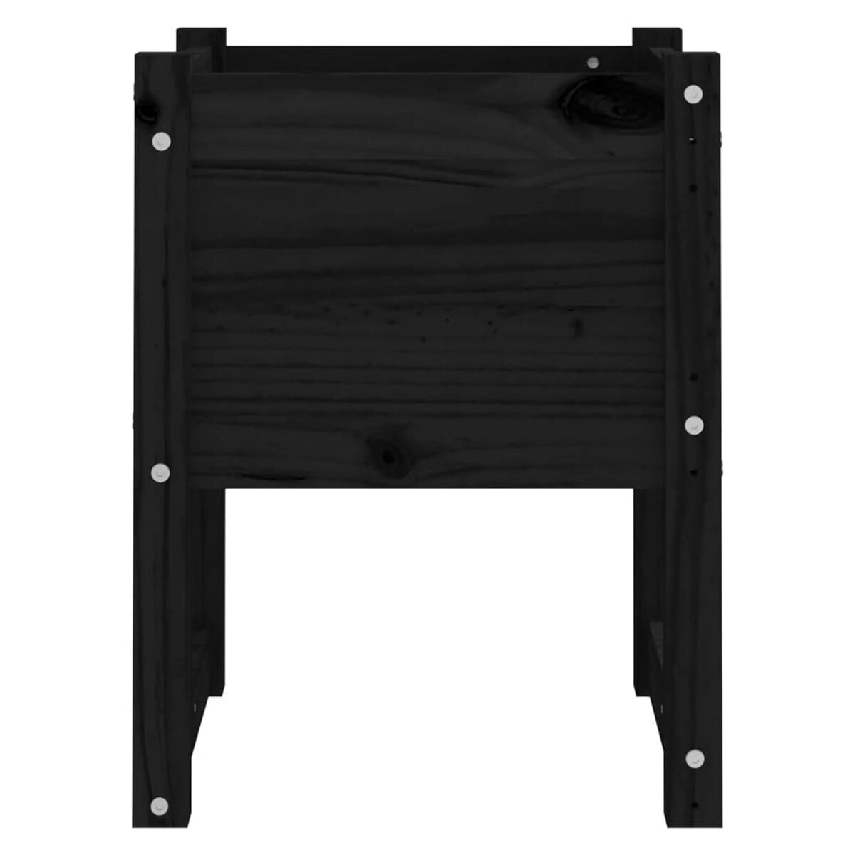 Eine schwarze Pflanzkiste aus Holz mit einfachem Design, von vorne gesehen.