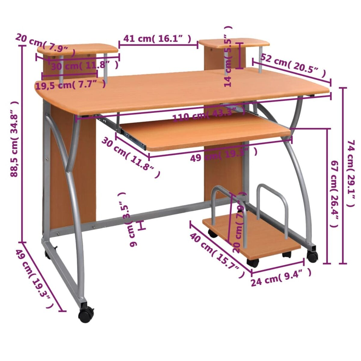Ein hellbrauner Schreibtisch mit in Zentimetern beschrifteten Abmessungen, mit einer Tastaturablage.