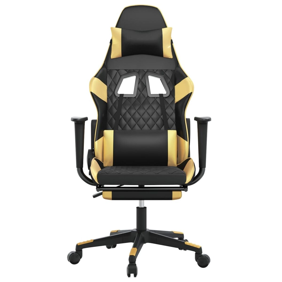 Ein schwarz-goldener Gaming-Stuhl. Er hat eine Kopfstütze, Armlehnen und ein Fünf-Rollen-Gestell.
