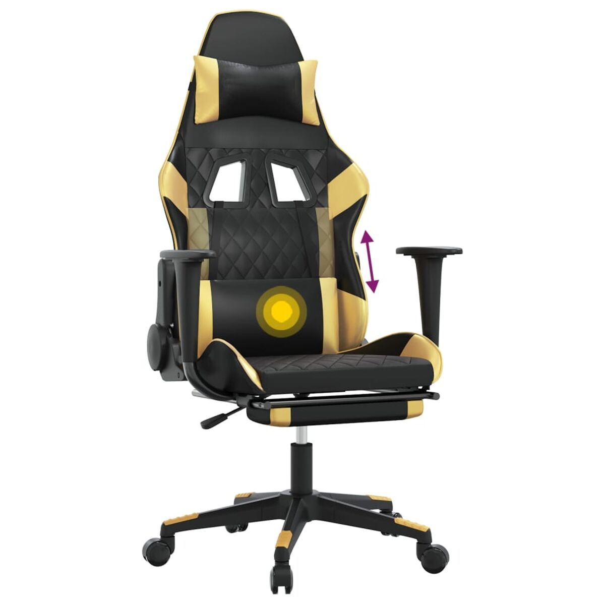 Schwarzer und goldener Gaming-Stuhl mit verstellbaren Armlehnen und Fußstütze.