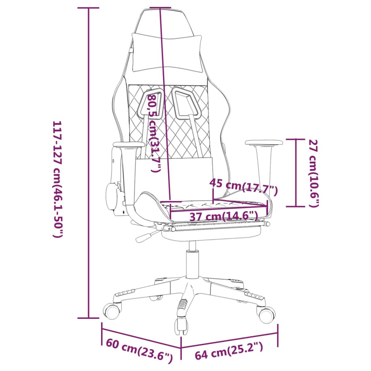 Diagramm eines Gaming-Stuhls mit Abmessungen in Zentimetern, Höhe und Breite.