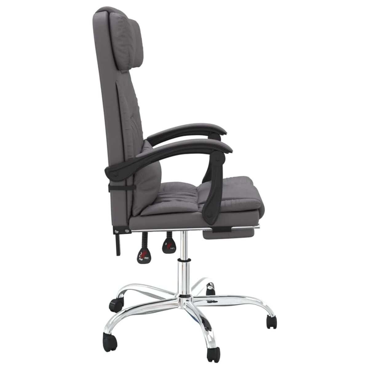 Grauer Leder-Bürostuhl mit Kopfstütze, Armlehnen und Rollen.