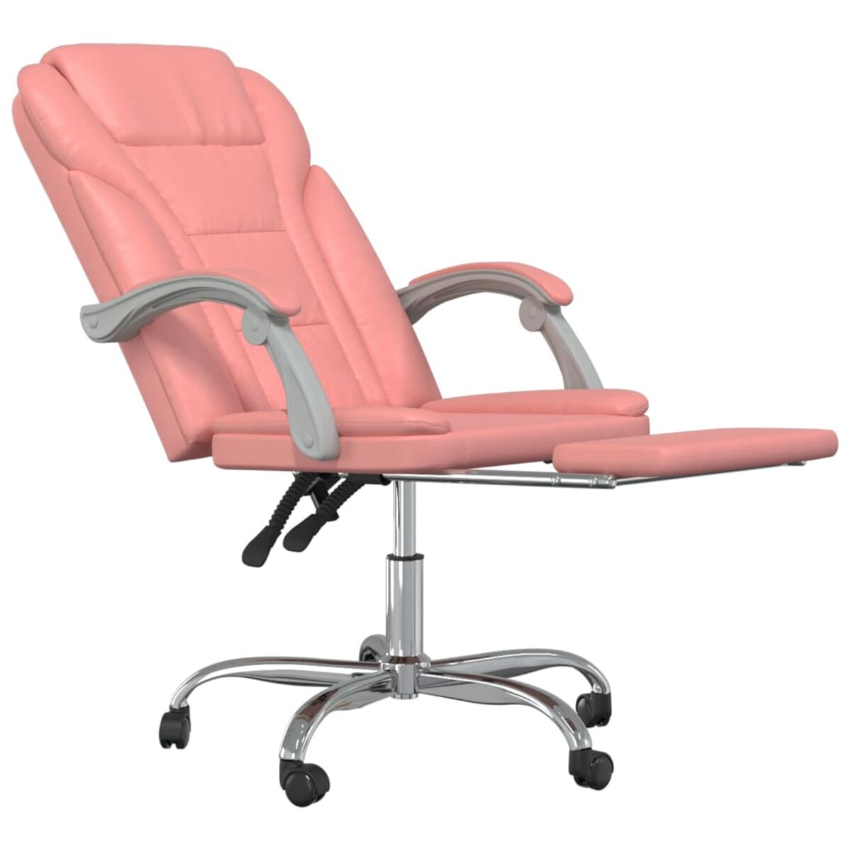 Rosa Leder-Bürostuhl mit Fußstütze, Chromgestell und Armlehnen.